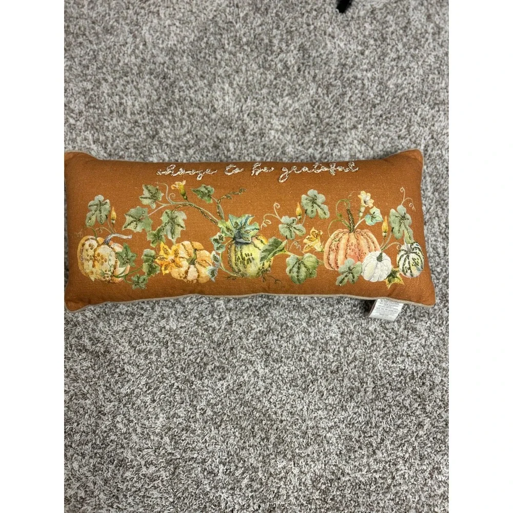Harvest Pumpkin Choose To Be Grateful Embroidered Lumbar Pillow Orange 28x12